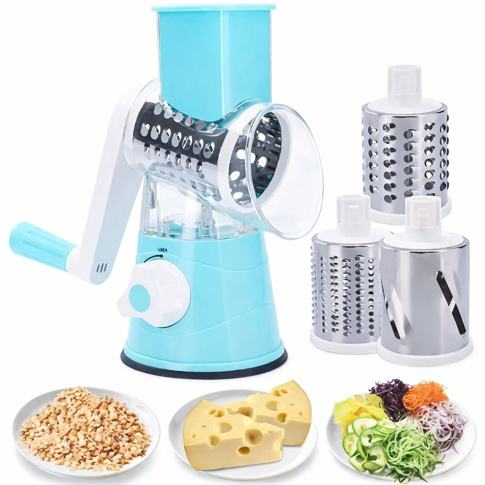 Manual Rotary Vegetable Cutter & Grater 3-Blade – Kitchen Food Slicer, Green